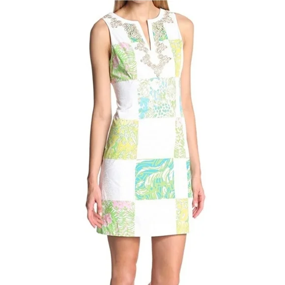 Lilly Pulitzer Janice Shift Mini Dress Lioness Patchwork Resort Fit Size 6 - Picture 1 of 9